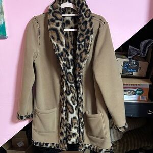 Susan Graver Tan Pea Coat with Leopard Trim